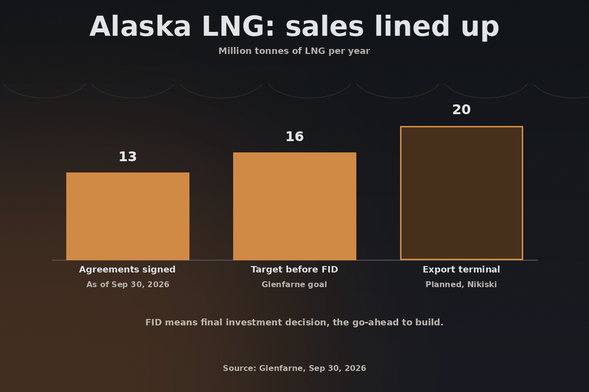 Bar chart in million tonnes of liquefied natural gas per year: 13 under commercial agreements as of September 30, 2026; 16 targeted by Glenfarne before a final investment decision; 20 planned capacity at the Nikiski export terminal.