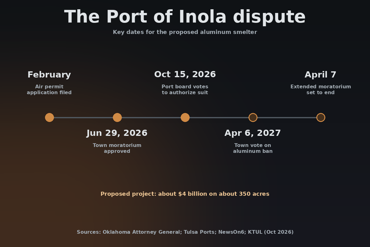 Timeline of the Port of Inola dispute: air permit application filed in February; town moratorium approved June 29, 2026; port board votes to authorize a lawsuit October 15, 2026; town vote on an aluminum ban April 6, 2027; extended moratorium set to end April 7. The proposed project is about 4 billion dollars on about 350 acres.